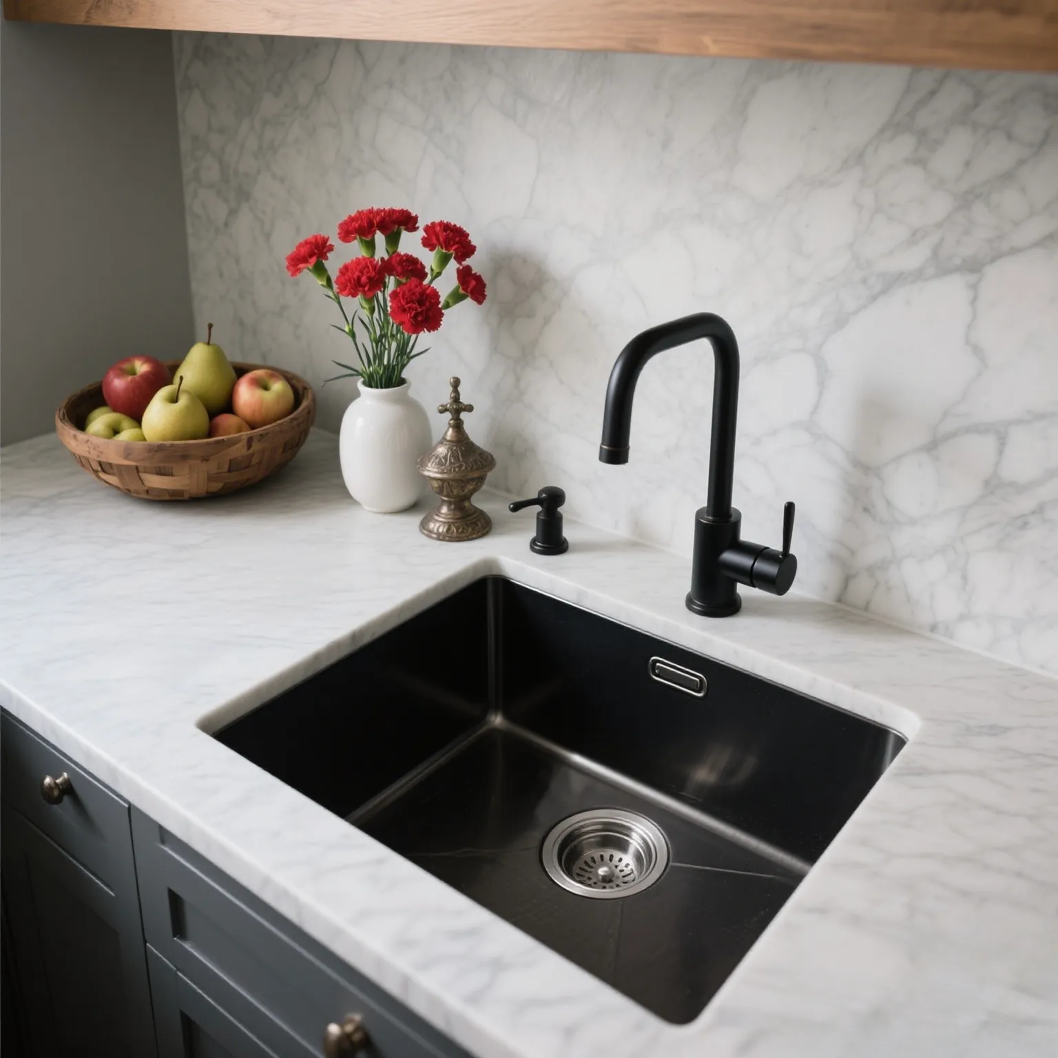 Corner kitchen sink with angled design in stainless steel, embedded in gray countertop with white cabinets, window with blinds, and wooden cutting board visible